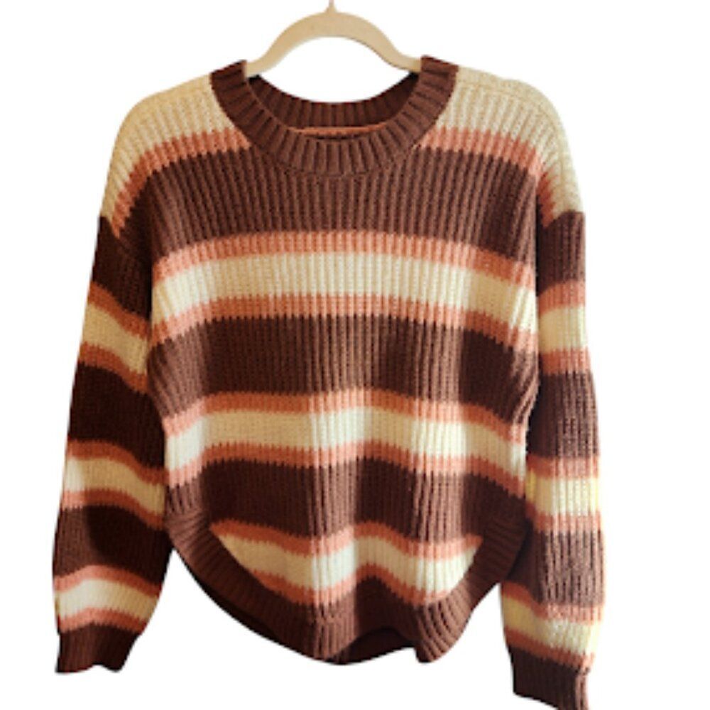 SO MULTICOLORED SWEATER SIZE MEDIUM IVORY BROWN RUST LONG SLEEVE ROUND COLLAR